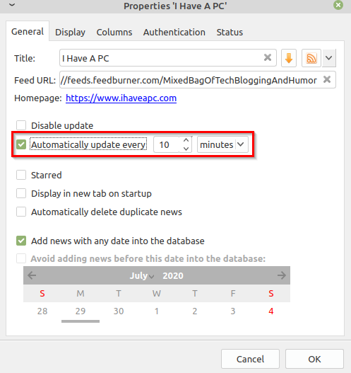 changing the update interval for checking feeds in QuiteRSS