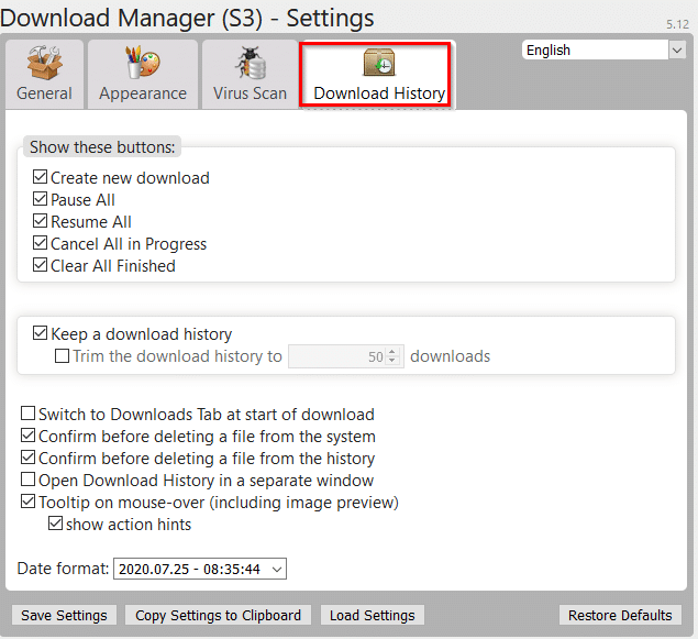 changing download history settings in Download Manager (S3)