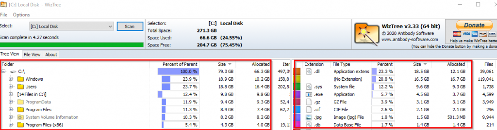 list of files and folders displayed in WizTree