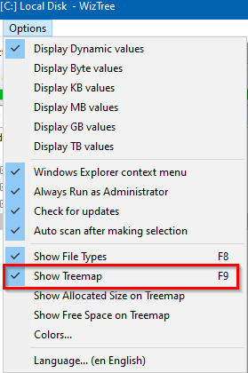 enabling and disabling treemap with some other options in WizTree