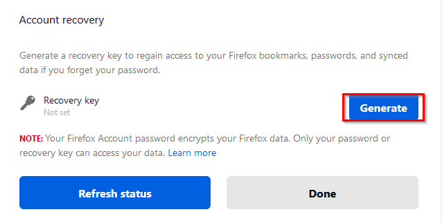 generate a recovery key for Firefox account