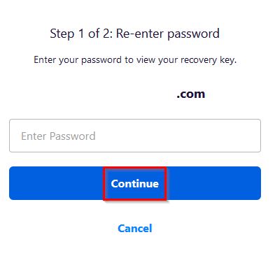 entering password to view the generated recovery key