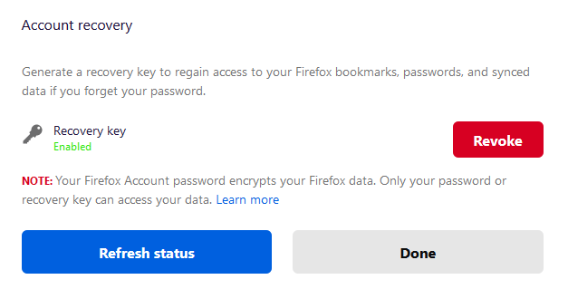 Firefox account recovery key enabled