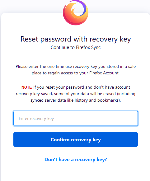 reset Firefox password with recovery key