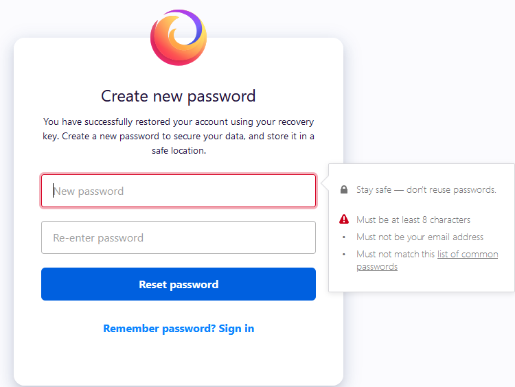 Firefox account password resetted using recovery key