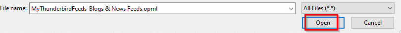 importing an OPML file from Thunderbird