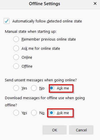 toggle between online and offline modes and configure prompts for offline mode in Thunderbird