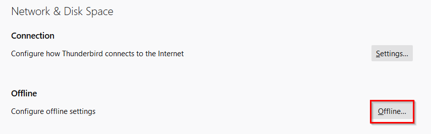 accessing offline mode settings in Thunderbird