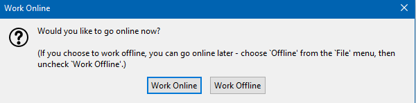 prompt to choose online or offline mode in Thunderbird on launch