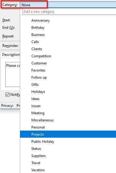 adding calendar event to a category in Thunderbird