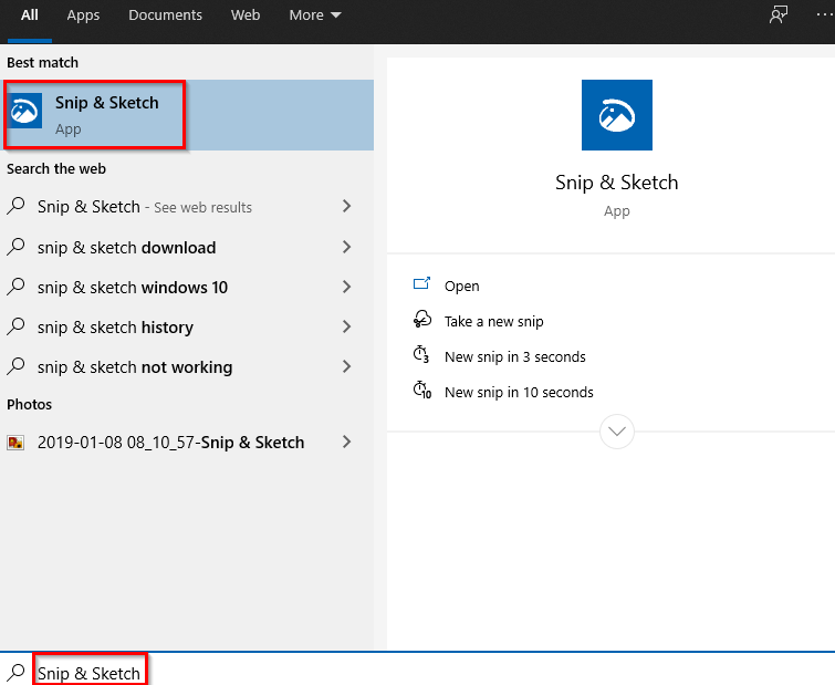 searching for Snip & Sketch in Windows 10