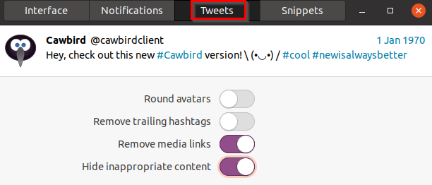 configuring tweet display settings for Cawbird