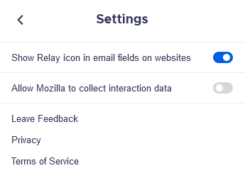 Firefox Relay add-on settings
