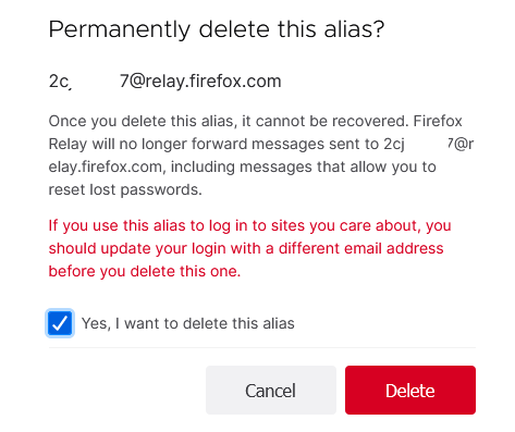 confirm deleting a relay alias in Firefox Relay