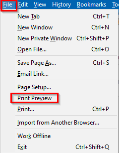 accessing print preview options in Firefox