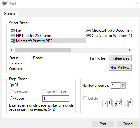 selecting printing on paper or as a pdf