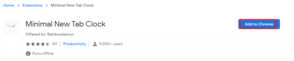 adding Minimal New Tab Clock add-on to Chrome from Web Store