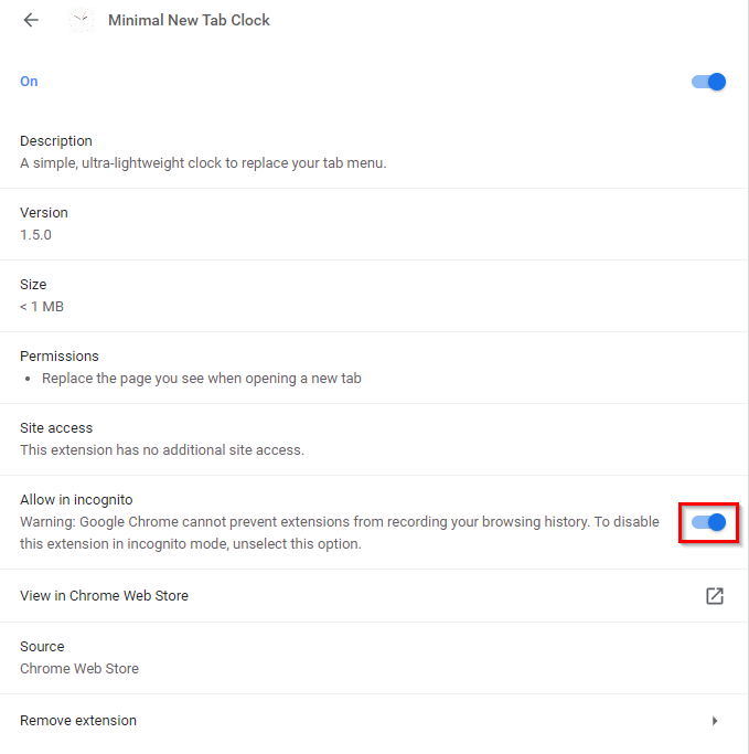 allowing Minimal New Tab Clock add-on in incognito mode