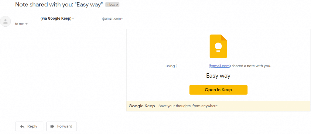 note sharing invite received by recipients through Google Keep