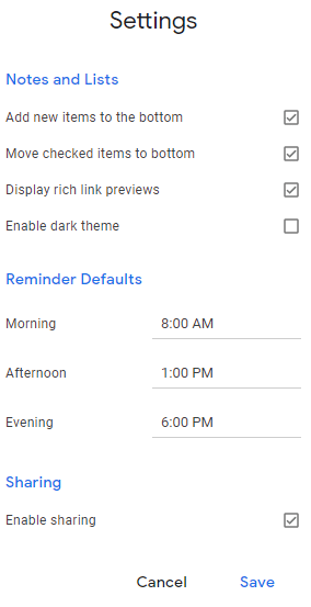 various Google Keep settings that can be configured
