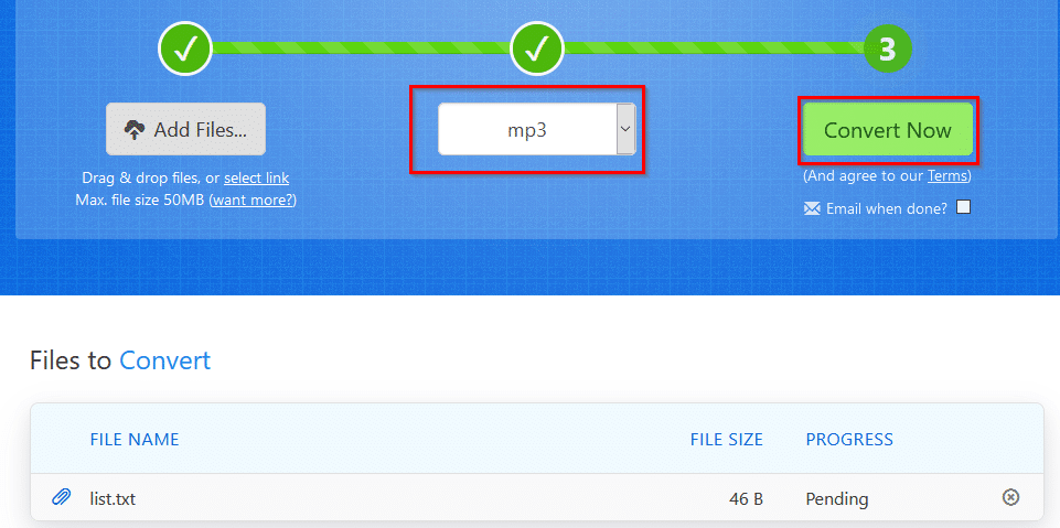 choose the output format for file using Zamzar