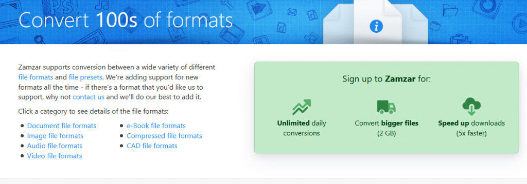 various file formats supported by Zamzar