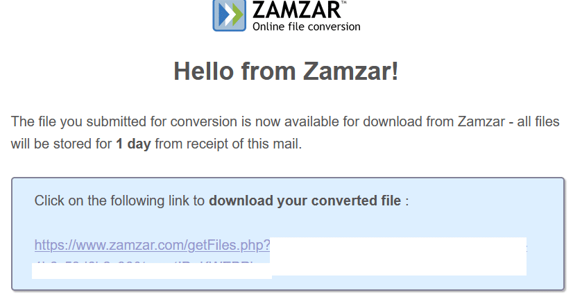 email message with the file download link from Zamzar