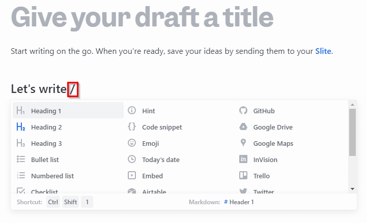 text elements and shortcodes in Draft by Slite