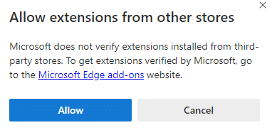 confirm allowing extensions from other stores in Edge 