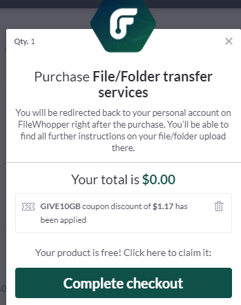 giveaway coupon applied to FileWhopper checkout page