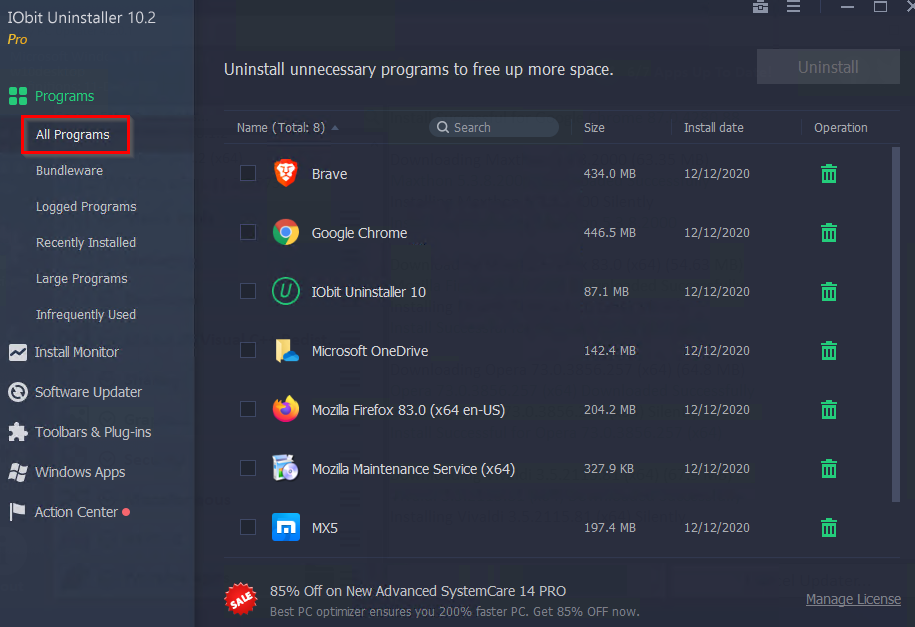 a list of all the installed programs displayed in IObit Uninstaller Pro