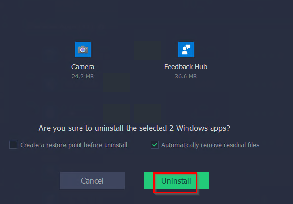 finalizing the uninstallation of Windows 10 apps using IObit Uninstaller Pro