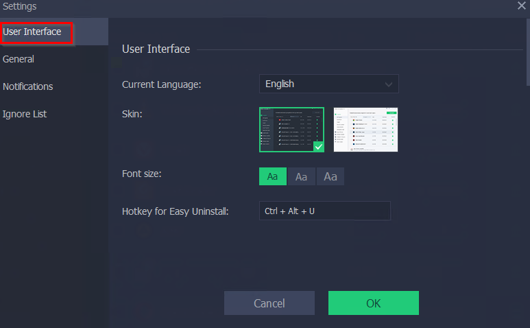 configuring user interface settings in IObit Uninstaller Pro