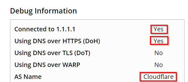 using the Cloudflare DNS testing page to check for DNS-over-HTTPS functionality