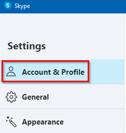 account and profile options in skype app