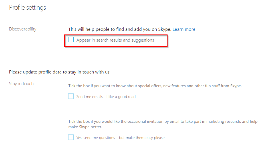 turn off discoverability for Skype profile 