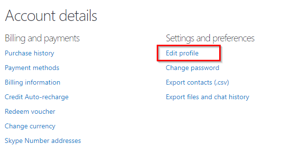 opening the profile settings for skype through the web version