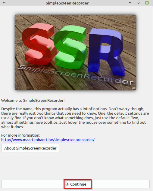 SimpleScreenRecorder welcome screen