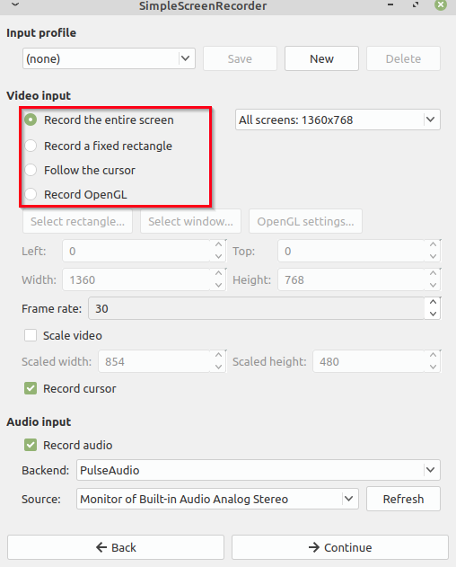 choosing what to record using SimpleScreenRecorder