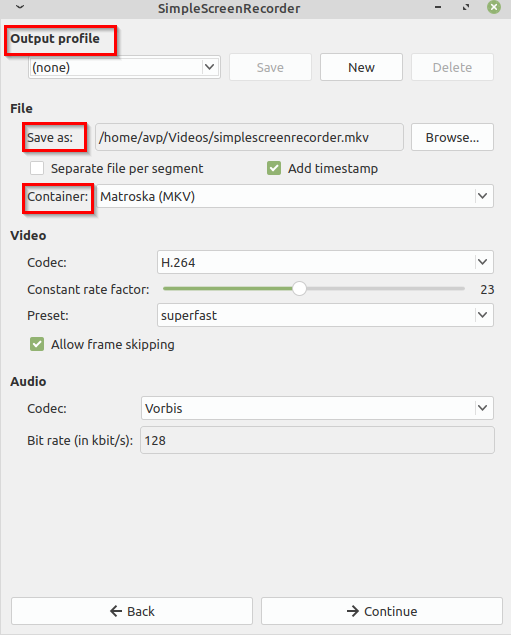 choosing output video format in SimpleScreenRecorder