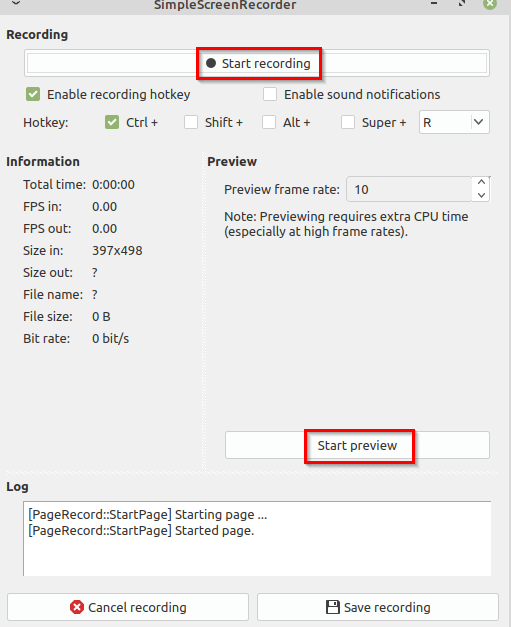 starting recording in SimpleScreenRecorder