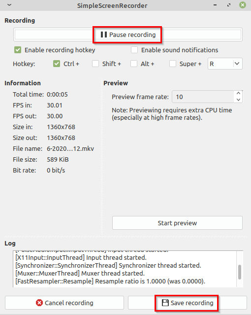 pause or stop recording using SimpleScreenRecorder