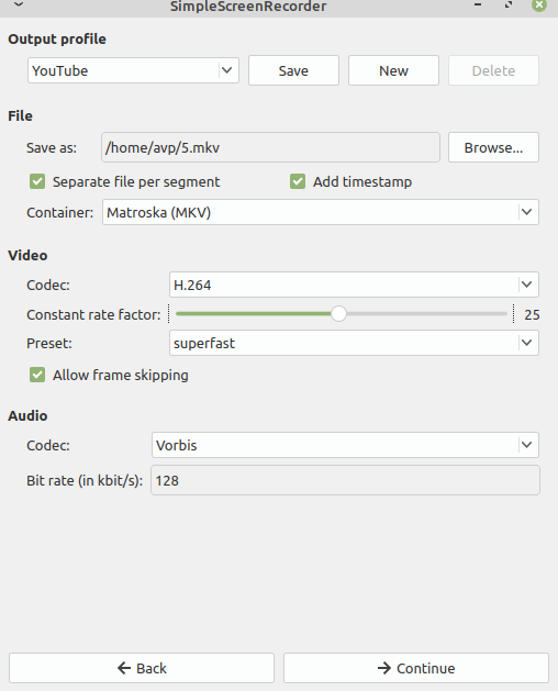 presets when YouTube is selected as output profile in SimpleScreenRecorder