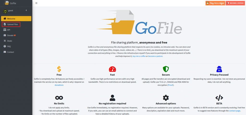 GoFile homepage