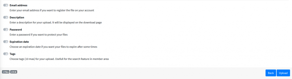 providing email address, file description, password, expiration and tags for the uploaded file in GoFile 
