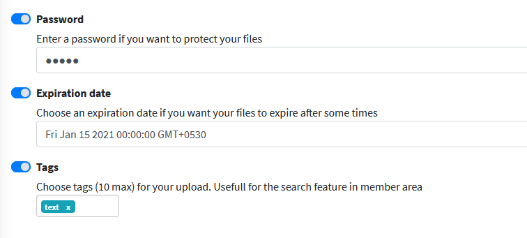 setting a password, expiration date and adding tags for the uploaded file in GoFile 