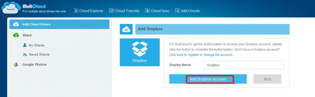 adding Dropbox to MultCloud 