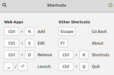 a list of keyboard shortcuts for Web Apps manager in Linux Mint 20.1