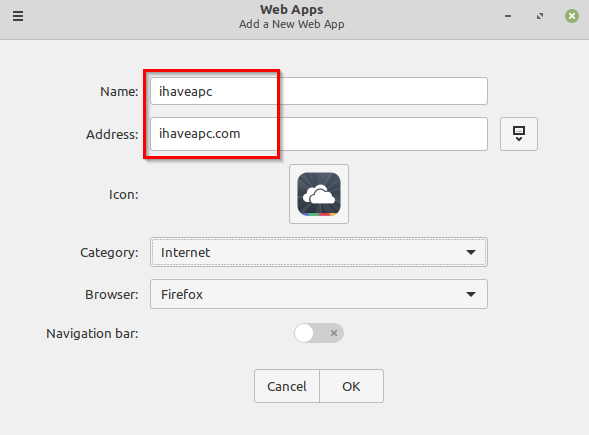 adding the website URL and other options using the Web Apps manager in Linux Mint 20.1