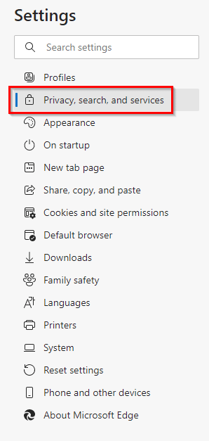 Privacy  settings in Microsoft Edge